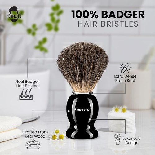 Perfecto 100% Pure Badger Shaving Brush - Black Handle for a Superior Shaving Experience | Ideal for Safety, Double Edge, and Straight Razors