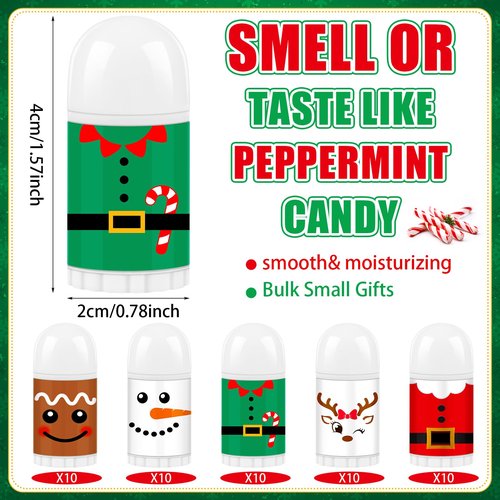 50 Pcs Christmas Lip Balm Bulk Mini Candy Cane Peppermint Flavor Lip Balms Bulk Christmas Stocking Stuffers Xmas Party Gifts Small Thank You Employee Appreciation Gifts for Women Men (Xmas Character)