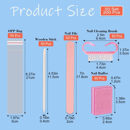 Disposable Manicure kit Press On Nail Tool Kit for Salon Home, Mini Nail Buffer, Nail File, Wood Stick, Nail Brush (Pink, 50 Set)