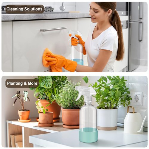 Glass Spray Bottles with Silicone Sleeves (2 Pack, 16 oz), Mist and Stream Empty Refillable Containers, Water Sprayer Misting Bottle for Cleaning Solutions, Planting, Hair Spraying, Green & Grey