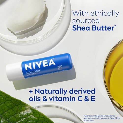 NIVEA Moisture Lip Care - Hydrating Lip Balm with Shea Butter & Nourishing Oils | 0.17 Oz Stick, Pack of 4