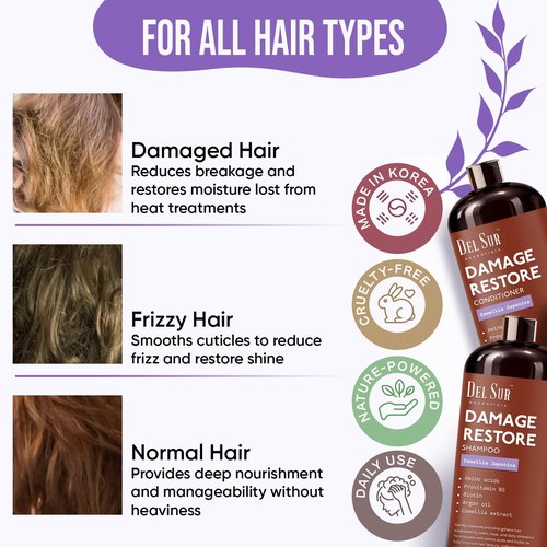 DEL SUR Hair Repair Shampoo & Conditioner Set - Moisturizing & Damage Repair | 16 fl oz Each | Infused with Camellia Japonica, Amino Acids, Biotin & Argan Oil