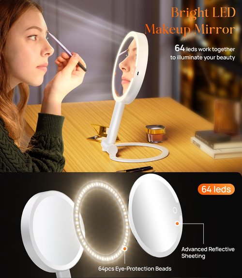 Gospire Magnifying Travel Makeup Mirror with Light 10X 1X Magnifition 2-Sided Lighted Vanity Mirror Rechargeable 3 in 1 Hand Held Desk Hanging, 3 Color Dimmable Lights, White