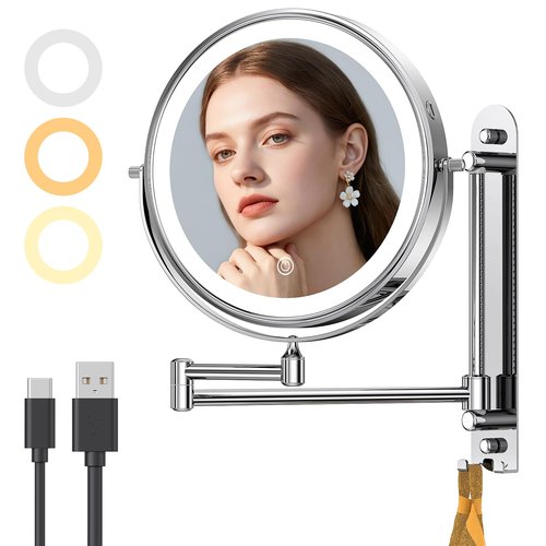 Gospire 9” Wall Mounted Lighted Makeup Mirror with Magnification 10X, 7in Height Adjustable Vanity Lighted Mirrors for Bathroom Wall, 360° Extended Arm Shaving Wall Mirror with Lights - Chrome
