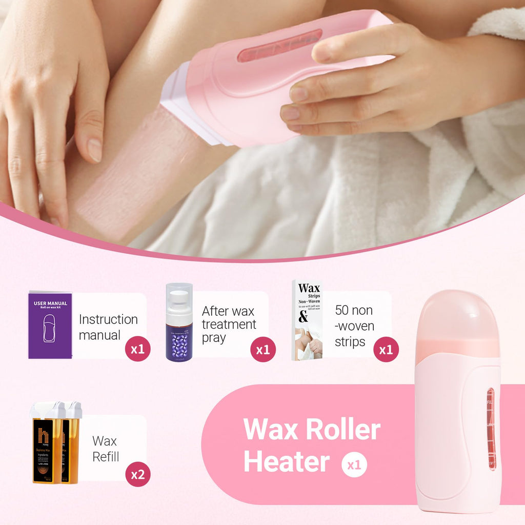 Waxpro Roll On Wax Kit for Women - Easy to Use - At-Home Hair Removal for Body (Arms & Legs) with 2 Honey Wax Roller Cartridges & 50 Strips (Pink)