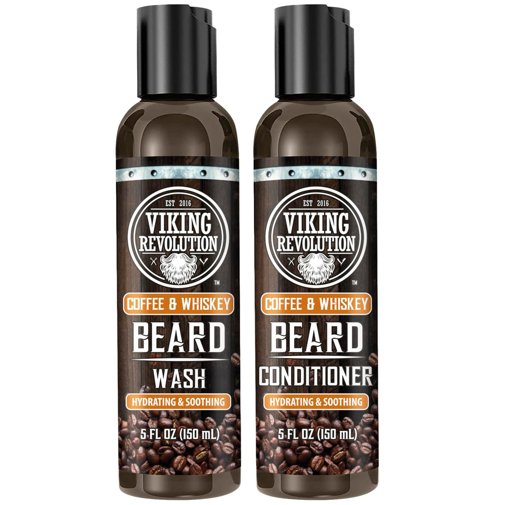 Viking Revolution Beard Wash and Beard Conditioner for Men with Argan Oil and Jojoba Oil- Beard Softener and Strengthener Beard Care Beard Shampoo and Conditioner with Ginseng Root(5oz,Coffee Whiskey)
