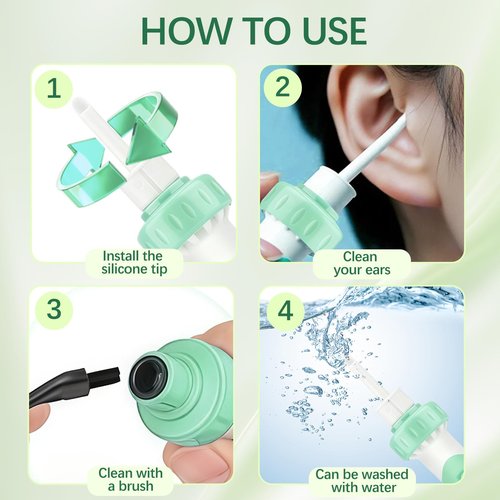 Electric Ear Wax Removal Tool with Vibration Suction, Ear Wax Vacuum Cleaner, Soft Silicone Spoon with 2 Washable Replaceable Tips Ear Cleaning for Family, Portable Case,Aqua Green