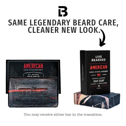 Live Bearded All-Natural Bar Soap for Men, 6-Pack of 5 oz - Made in the USA - Exfoliates and Moisturizes - Charcoal, Pumice, Shea Butter | American Scent - Cedar, Vetiver, Bergamot