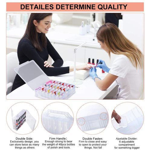SUBAY Portable Nail Polish Organizer, Clear Double Side Nail Polish Holder,Gel Nail Storage for 48 Bottles with 6 Adjustable Dividers in Each Side Space Saver