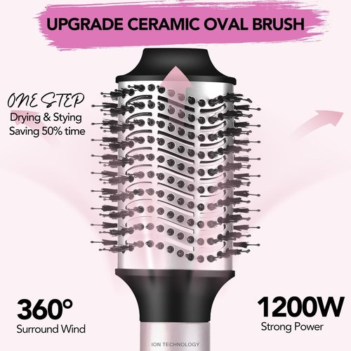 Ouphiny Blow Dryer Brush, 3 in 1 Ceramic Hot Air Brush Set Volumizer with Negative Ionic, 3 Inch Oval Brush Hair Styling Tool for All Hair Types, Interchangeable Multi-Temperature Settings, Pink