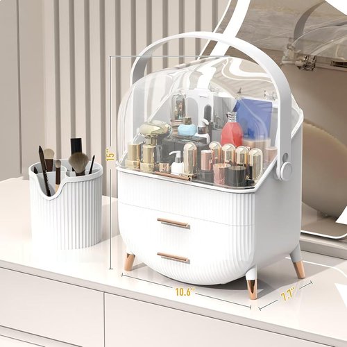 Sansixzero Makeup Organizer with Transparent Lid & 2 Drawers – Large Capacity Cosmetic Skincare Storage Box for Bathroom Vanity, Countertop, Bedroom – Portable and Dustproof, White (11"x7"x14")