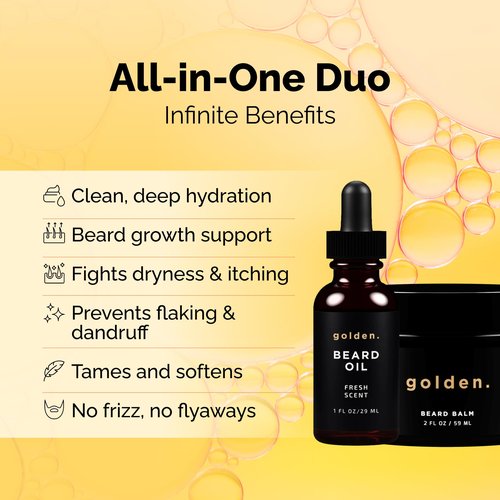 Golden Grooming Beard Bundle for Black Men | Natural Beard Growth Kit with Shea Butter | 2oz Balm & 1oz Oil, Fresh Scent