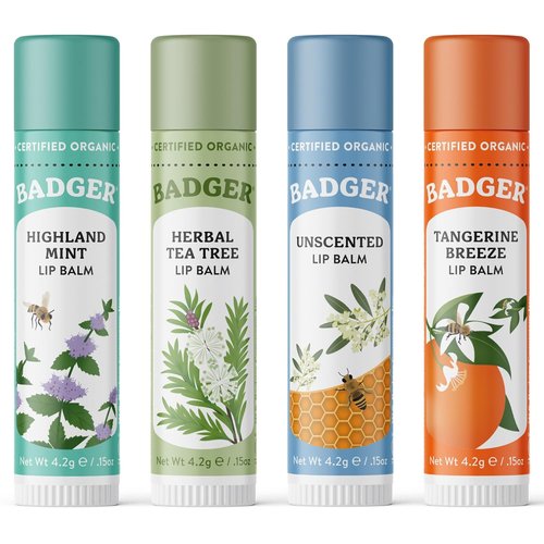 Badger Classic Organic Lip Balm Set - All-Natural Moisturizers | 4-Pack Variety (Unscented, Tea Tree, Mint & Tangerine)