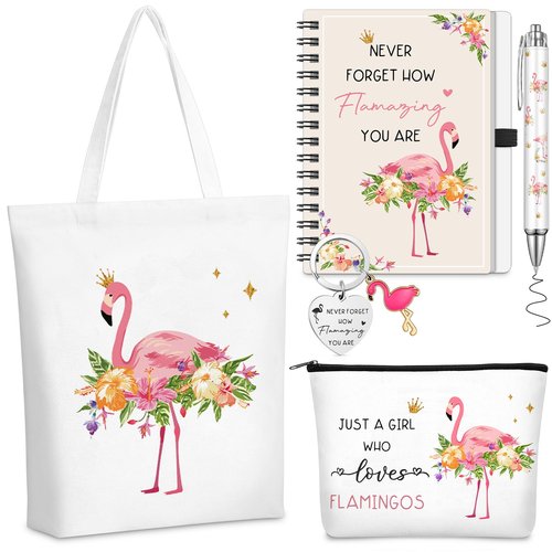 Sunnymove 5 Pcs Flamingo Gifts Set for Women Include Keychain Canvas Tote Bag Animal Lover Zipper Makeup Bag Notebook Pen for Women Flamingo Party Favors Birthday Christmas Gift