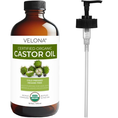 velona USDA Certified Organic Castor Oil – 16 fl oz in Glass Bottle | Cold-Pressed, Hexane-Free, USP Grade | Promotes Hair Growth, Eyelash & Eyebrow Enhancement | Bottled in USA