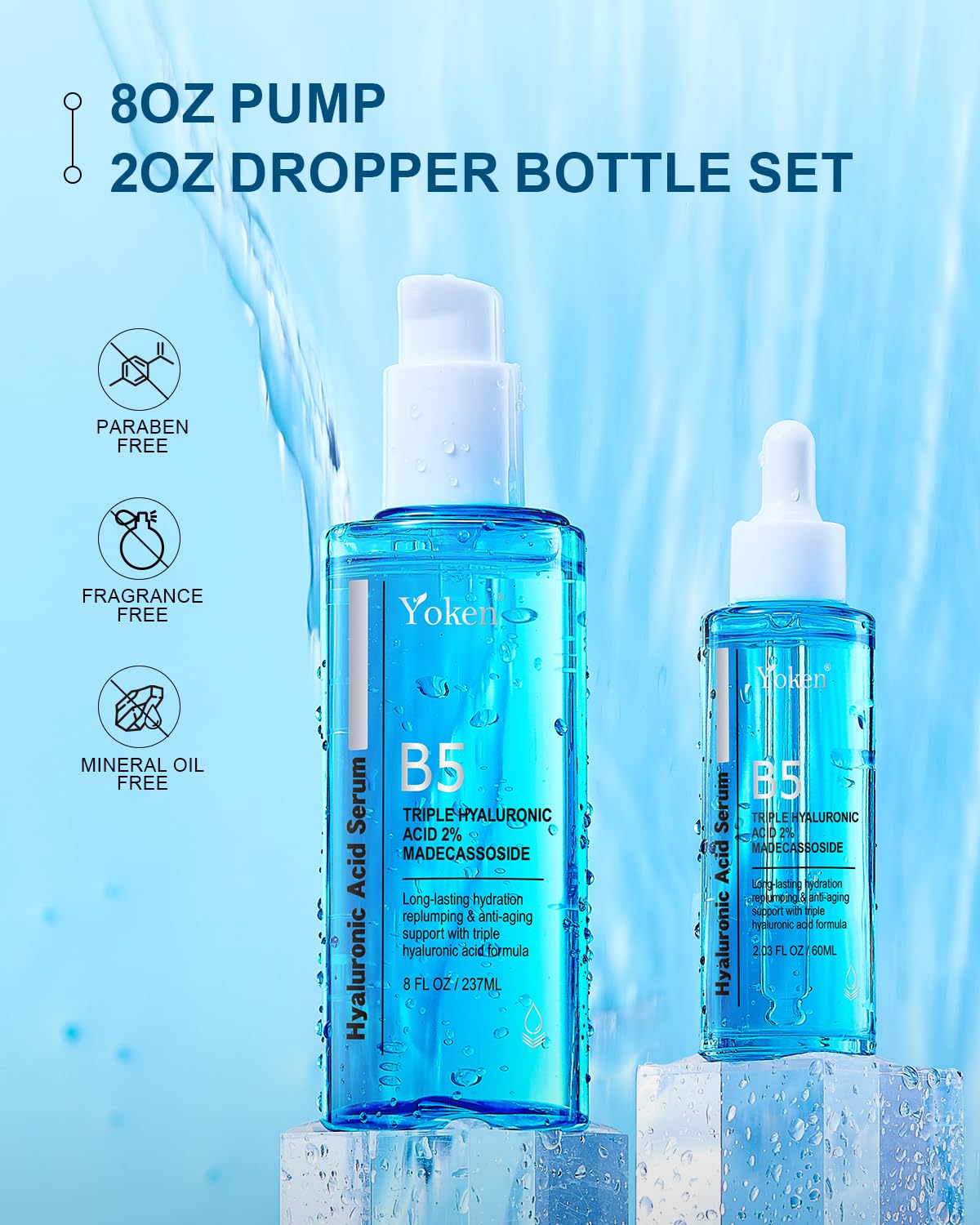 Yoken Hyaluronic Acid Serum - EWG Verified Hydrating Facial Serum with Vitamin B5 | 8 + 2 fl oz