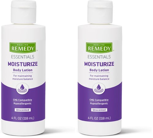 Medline Remedy Essentials Moisturizing Body Lotion (4 oz Bottle), Unscented, Hydrating, Non-Greasy, For Dry Skin, Hypoallergenic, Men, Women, Elderly (Pack of 2)