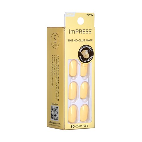 KISS Impress Press-On Manicure Fake Nails, Lemon Zest - Short Length Butter Yellow, Round Shape, Polish-Free Solid Color Mani, Includes Prep Pad, Mini File, Manicure Stick, and 30 Fake Nails