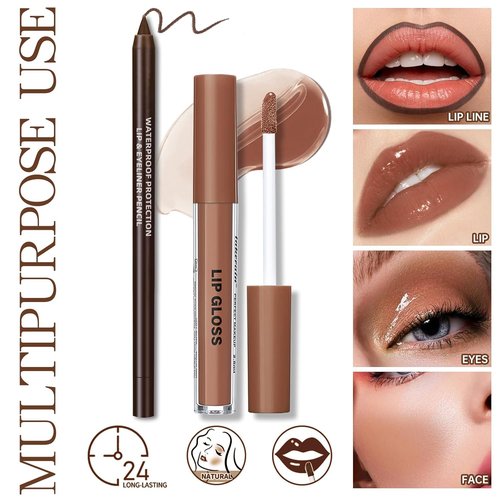 HOSAILY Nourishing Lip Gloss & Brown Lip Liner Combo - Moisturizing, High Shine Nude Glow Oil for Women