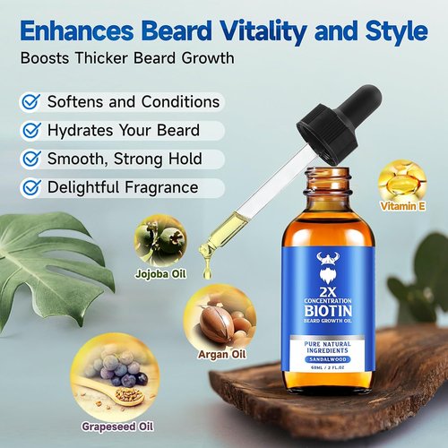 Skiennix Beard Growth Oil - 2X Biotin Concentration for Men (2 oz) - Natural Argan & Jojoba Oil, Sandalwood Scent