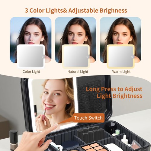 LivelyCove 15"x11" Makeup Case with Lighted Mirror & Brush Holder - Waterproof Travel Organizer, Customizable Storage, Rechargeable LED Vanity for Women (black)