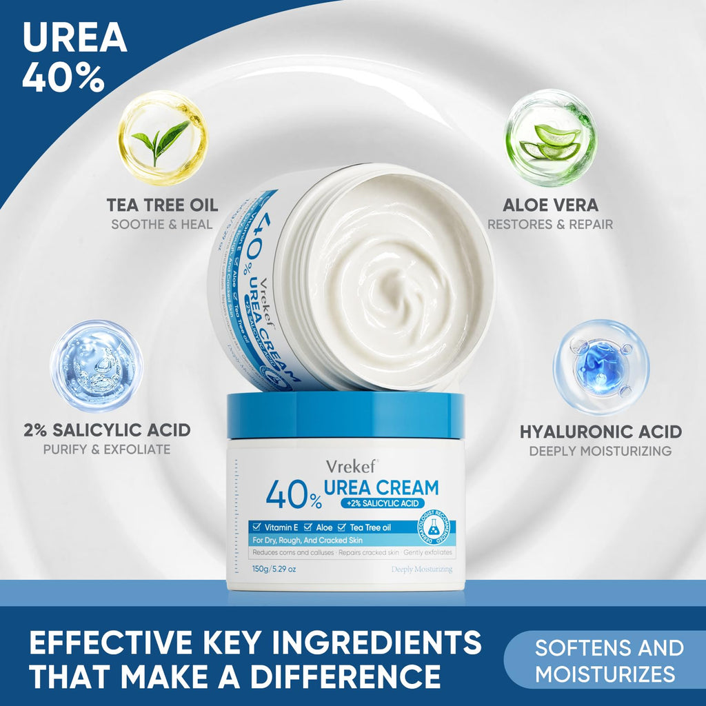 VREKEF Urea Cream 40% Plus Salicylic Acid 2%, Urea Cream 40 Percent for Feet Maximum Strength, Foot Cream for Dry Heels Cracked