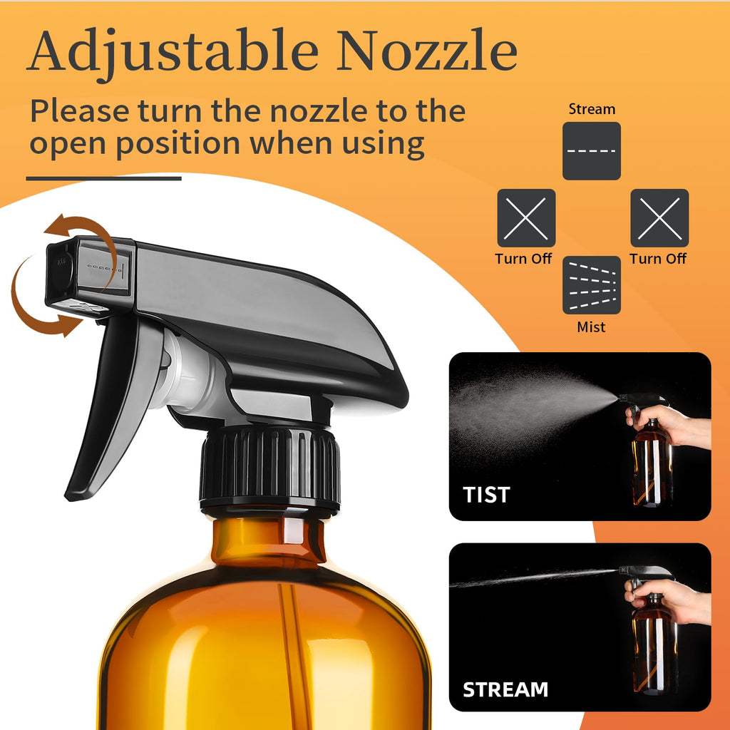 Vitreaux 2 Pack Amber Glass Spray Bottles,16oz Glass Spray Bottles Refillable Empty Containers with Adjustable Nozzle,Spray Bottle for Cleaning,Pets, Aromatherapy,Hair Mister,Squirt and Mist Setting