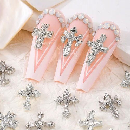 3D Cross Nail Charms for Nail Art, 60 Pcs Metal Crystal Cross Nail Decorations, Alloy Nail Studs and Rhinestones for Women Girl DIY Jewelry Crafts Supplies (Silver)