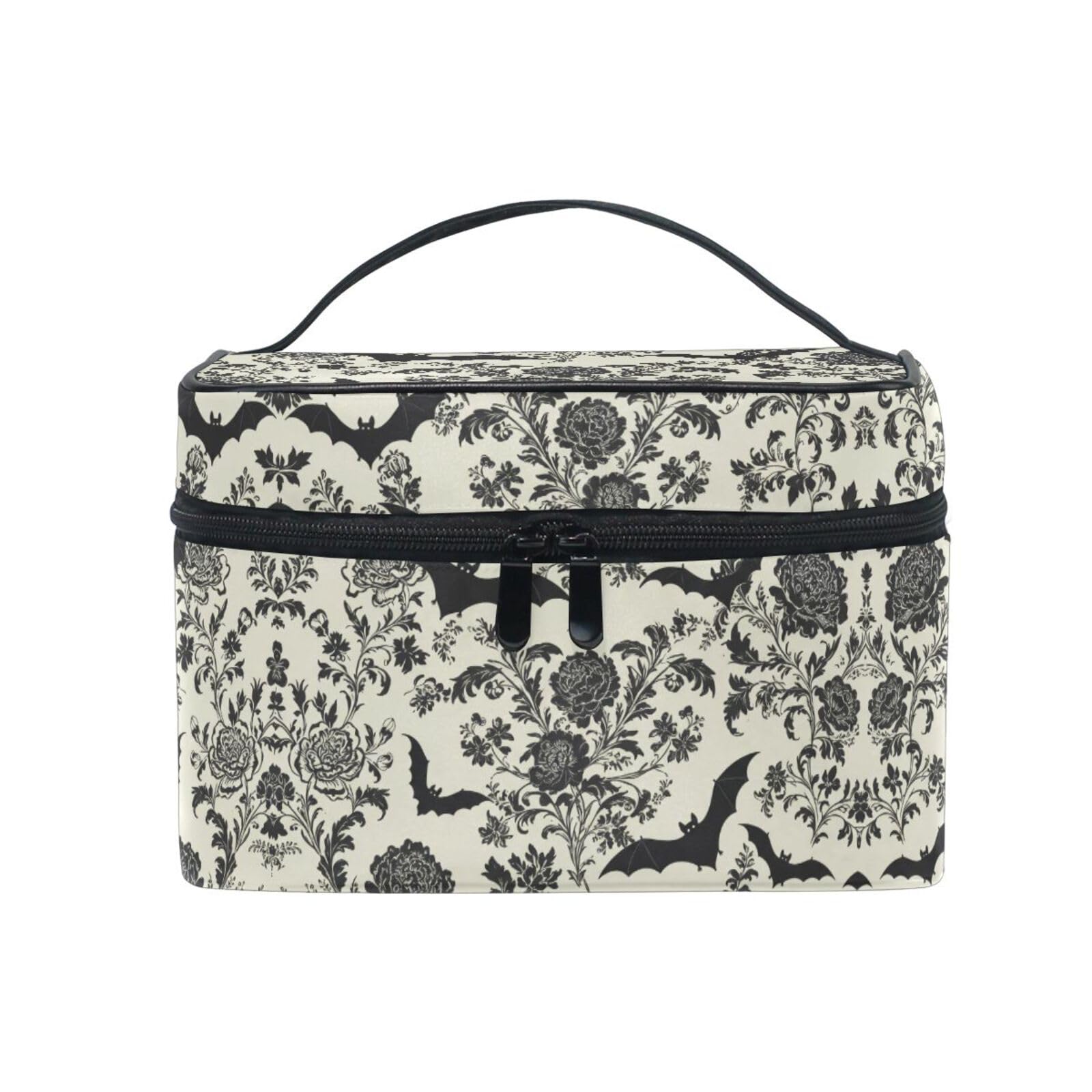 ZOEO Makeup Train Case Bat Retro Flower Korean Carrying Portable Zip Travel Cosmetic Brush Bag Organizer Large for Girls Women