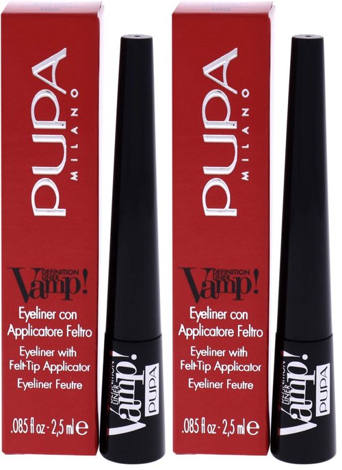 Pupa Milano Vamp! Definition Liner - Eyeliner With Felt Applicator - Matt and Pearly Finishes - Precise, Flawless and Defined Color - Ultra Pigmented - 100 Extra Black - 0.85 Oz (Pack of 2)