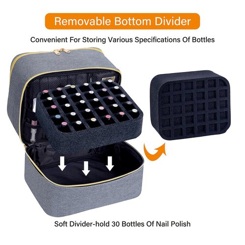UOZL Nail Polish Organizer, Handheld Double Layer Organizer Holds 30 Bottles (15 ml/0.5 floz) with Adjustable Dividers for Nail Polish Small Manicure Lamp Manicure Tools Essential and Travel,Gray Gold