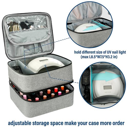 LIVEBAY Nail Polish Organizer Bag, Double-Layer Nail Supplies Organizer Holds 30 Bottles & Nail Lamp, Professional Nail Kit Storage Carrying Case (Gray)