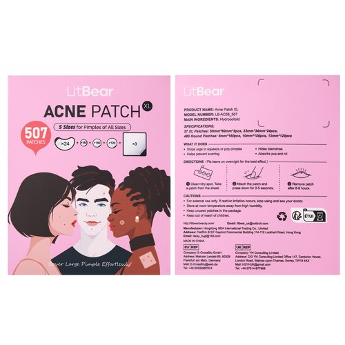 LitBear Pimple Patches for Face, Large Acne Patch, XL Hydrocolloid Bandages,Zit Stickers for Forehead, Chin, Nose, Body, Back, and Chest, Includes Crescent, Square, and Dot (5 Sizes, 507 Patches)