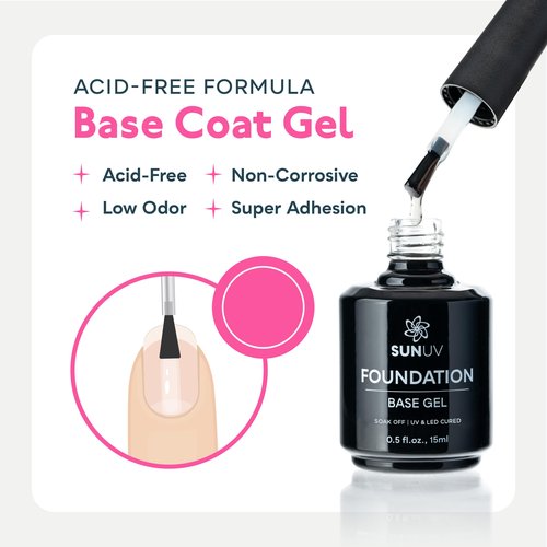 SUNUV 15ml Gel Top Coat and Base Coat Set, Hema Free Gel Nail Polish Kit 2 Pack, Art Manicure UV Nail Lamp No Wipe High Gloss Gifts for Women