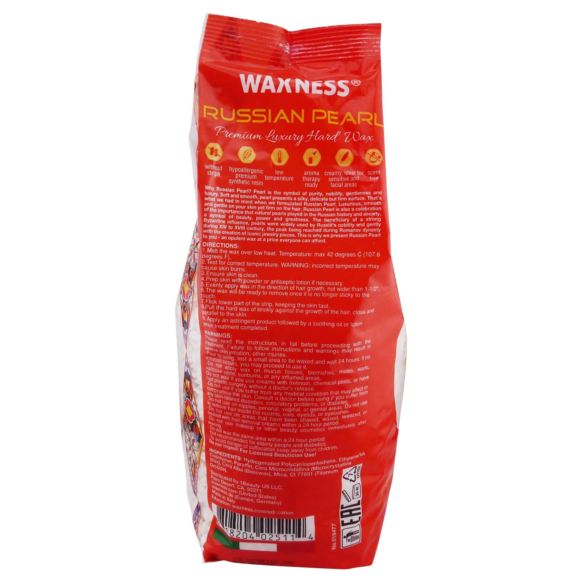 Waxness Russian Pearl Hard Wax Beads 4.4 lb (2 kg) – Rosin-Free Stripless Hard Wax with Creamy Texture and Skin Visibility, Professional Use – Made in Italy