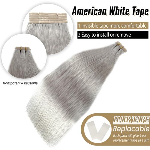 Platinum Silver Invisible Seamless Tape in Hair Extensions Human Hair 16inch Silver Grey Double Sided Pu Hair Extensions Tape ins Human Hair for Women 50g/Pack