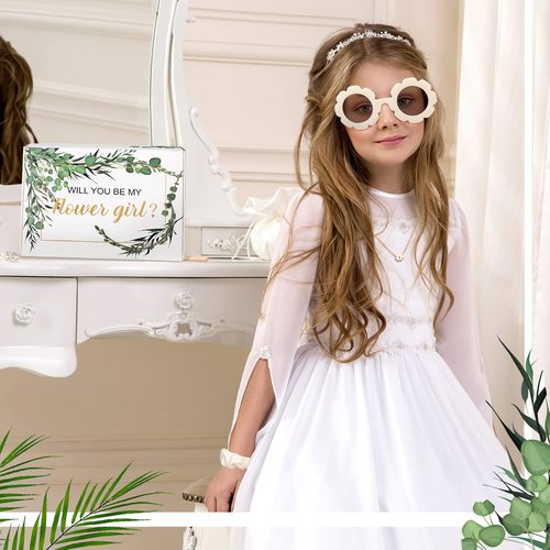 Crtiin 18 Pcs Flower Girl Gifts Wedding Proposal Box Kit from Bride Will You Be My Flower Girl Gifts Card Tumbler Daisy Necklace Sunglasses Diamond Pen Hair Ring Mirror Green Sage Wedding Party Favors