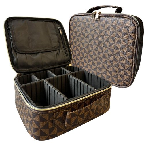Makeup Bag Organizer – Portable Travel Cosmetic Case with Brush Storage | Large Makeup Train Case for Women | Hard Shell Makeup Suitcase | Vanity & Countertop Organizer (H-Brown)
