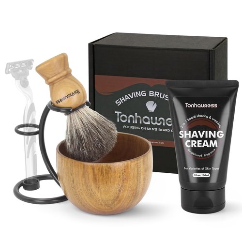 Shaving Brush Kit For Men, 4 In 1 Shaving Brushes Set Includes Badger Hair Shaving Brush, Wood Bowl, Shaving Cream and Stainless Steel Shaving Holder