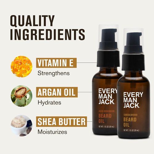 Every Man Jack Beard Oil - Aged Bourbon & Sandalwood Scent - Deep Moisturization & Natural Shine - 1 fl oz (2 Pack)