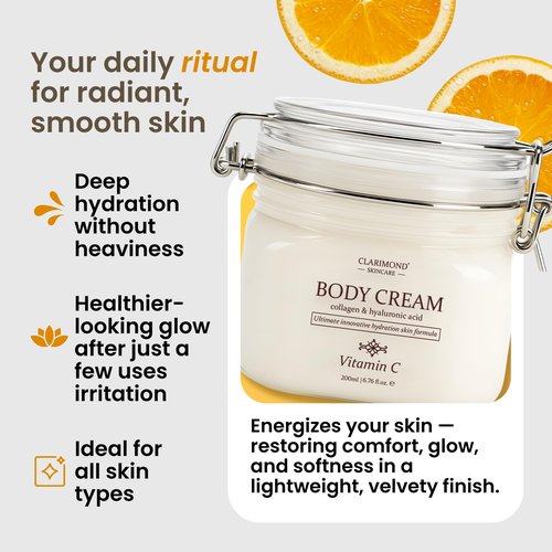 Clarimond Vitamin C Body Lotion w/Hyaluronic Acid & Collagen Peptides - Brightening Hydrating Moisturizer Non-Greasy for Dry, Sensitive Skin - Firming Tightening Body Cream