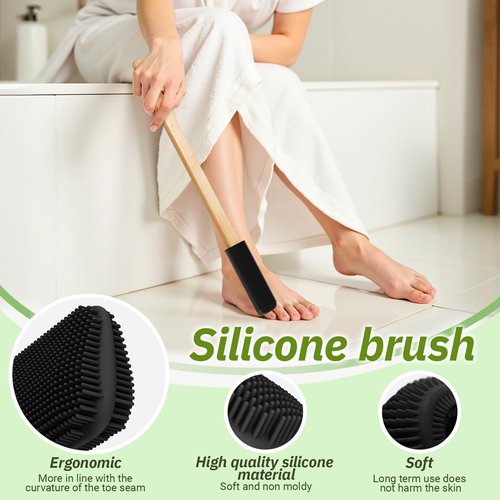 ELFRhino Long Handle Toe Gap Cleaning Brush+Body Shower Brush+Foot Grinder, Silicone Foot Scrubber for Shower, Feet Cleaner Scrub Foot Care for Seniors,Elderly, Men and Women,Black