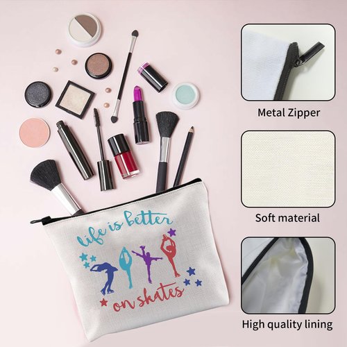 JEFBFBWE Ice Skate Cosmetic Bag Figure Skating Makeup Bag - Ideal Gift for Skate Lovers - Life Is Better On Skates Makeup Pouch Large Capacity Canvas Travel Bags