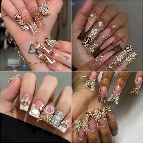 40Pcs Gold Nail Charms Nail Art Rhinestone Gems 3D Sparkling Nails Jewelry for Acrylic Nail Tips Accessories for Women DIY Nail Decorations