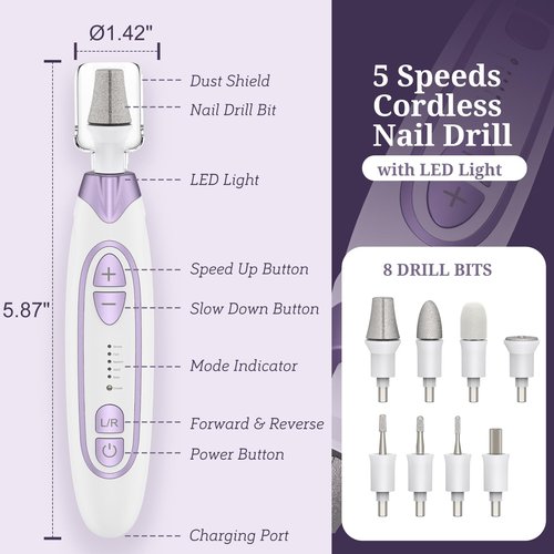 PELCAS Electric Toenail Grinder for Thick Toenails, Cordless Nail Drill, 5 Speeds Manicure and Pedicure Kit with LED Light, Electric Nail File for Human, Pet, Thick Toenails, Natural & Acrylic Nails