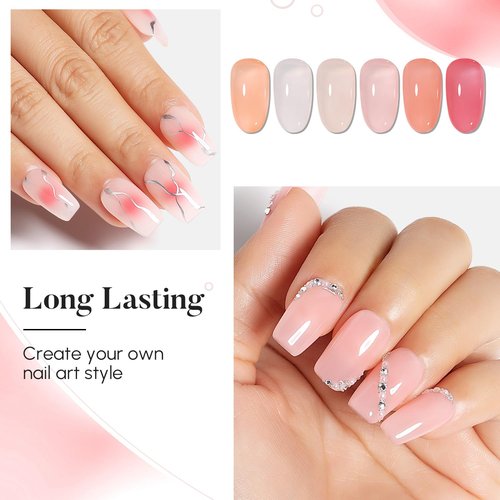 Nicedeco Hema Free Cruelty Free Vegan Jelly Gel Nail Polish, High Gloss Long Lasting Soak Off LED U V Gel Polish 6 Colors Set 46