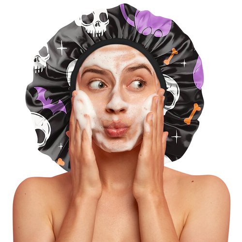 BHAHB Luxury Shower Cap Reusable Terry Cloth Lined EVA Triple Waterproof Layer Elastic Hair Bath Caps for Women Girls Cute-Cat