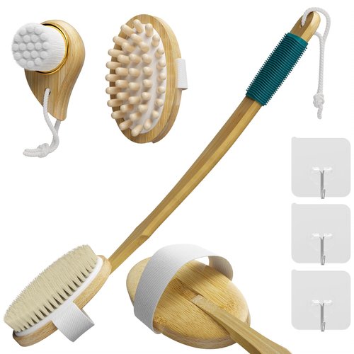 Readaeer Bamboo Bath Brush Set, Long Handles with 2 Removable Brush Heads, Bristle Bristles/Wood Massage Particles, Fine Soft Brush, 3 Brush Heads