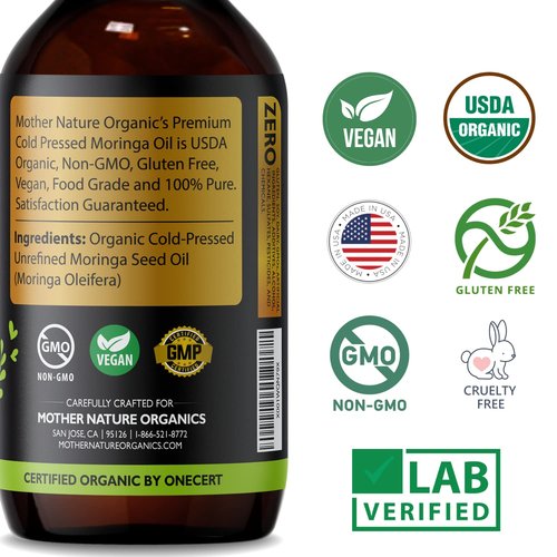 Mother Nature USDA Organic Moringa Seed Oil, 100% Pure, Cold-Pressed, Unrefined Oil for Face, Skin Care & Hair Growth, Aceite de Moringa para la Cara, Anti-Aging. Non-GMO & Gluten Free (4 Oz)