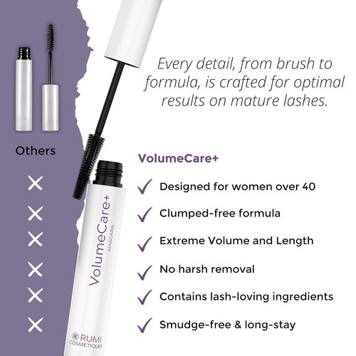 Rumi Cosmetiques VolumeCare+ Mascara | Extreme Length & Volume 2-in-1 Formula - Hypoallergenic, No Clumps, Natural Black